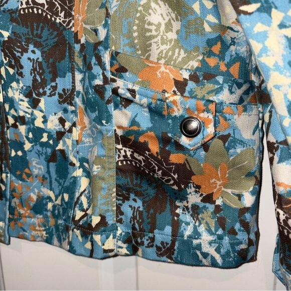 Christopher & Banks Button Front Stretch Printed Denim Jacket Shacket Big Shirt - Picture 4 of 7